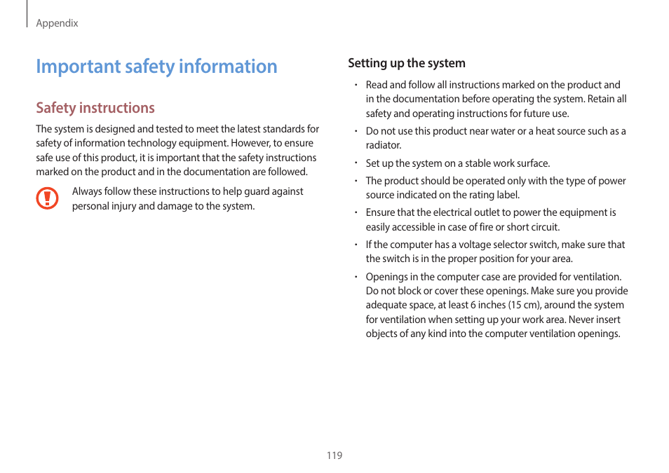 Important safety information, 119 important safety, Information | Safety instructions | Samsung NP940X3G-K03US User Manual | Page 119 / 147