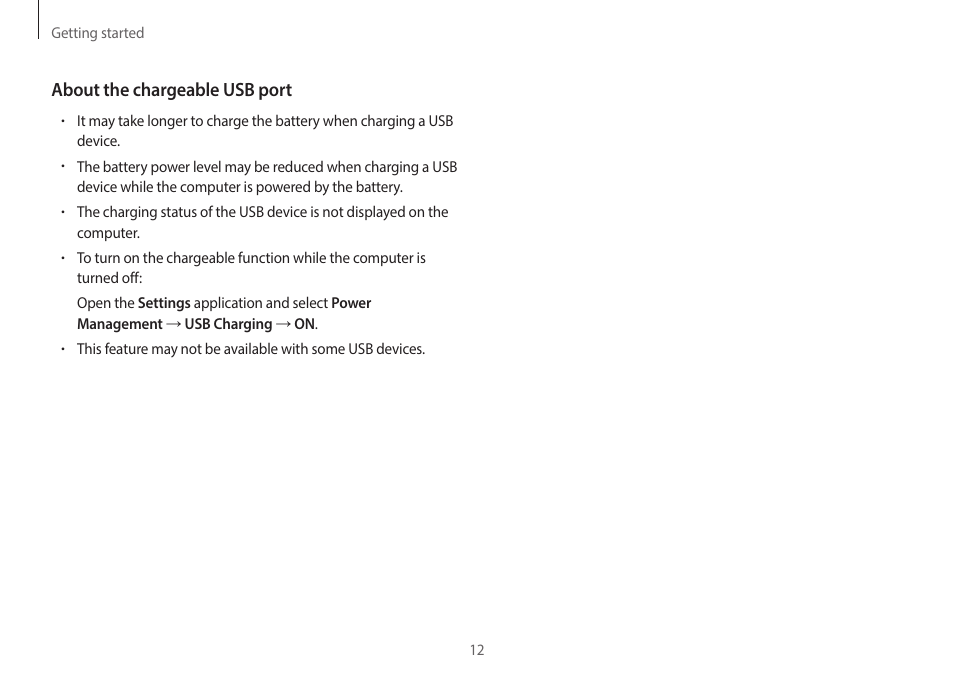 About the chargeable usb port | Samsung NP940X3G-K03US User Manual | Page 12 / 147