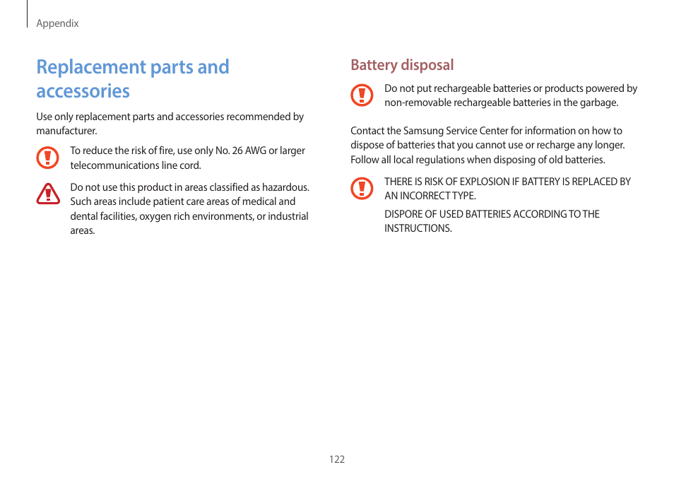Replacement parts and accessories, 122 replacement parts and, Accessories | Battery disposal | Samsung NP940X3G-K03US User Manual | Page 122 / 147