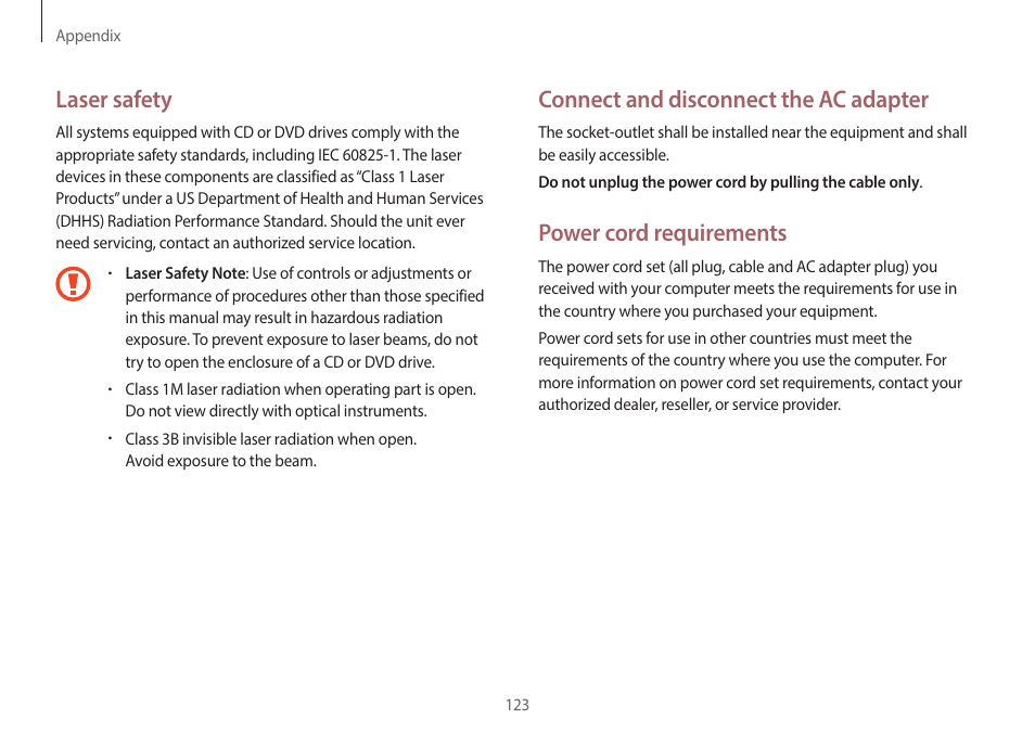 Connect and disconnect the ac adapter, Power cord requirements, Laser safety | Samsung NP940X3G-K03US User Manual | Page 123 / 147