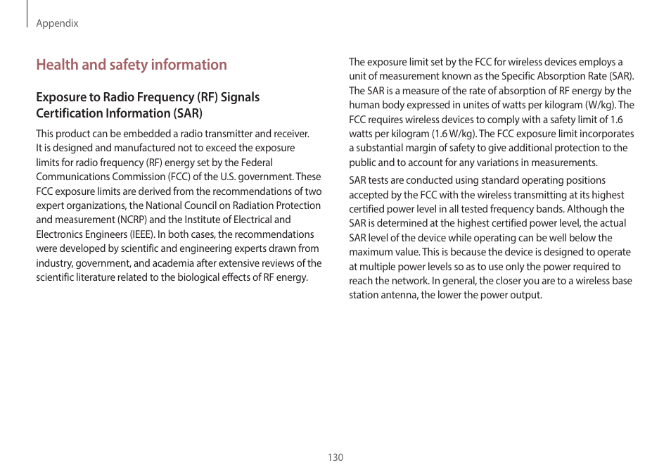 Health and safety information | Samsung NP940X3G-K03US User Manual | Page 130 / 147