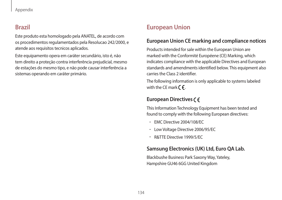 European union, Brazil | Samsung NP940X3G-K03US User Manual | Page 134 / 147