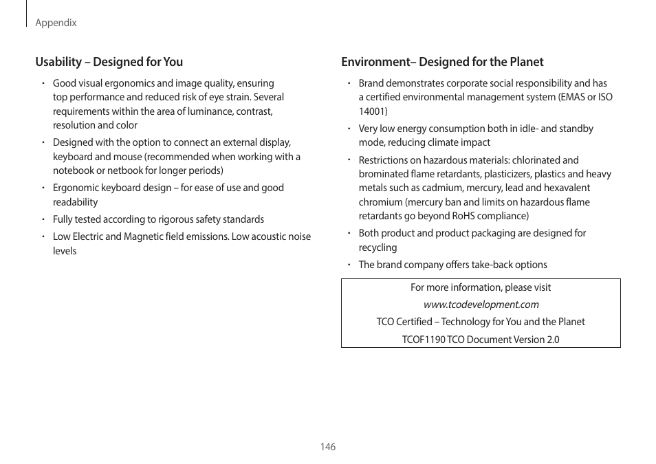 Environment– designed for the planet, Usability – designed for you | Samsung NP940X3G-K03US User Manual | Page 146 / 147