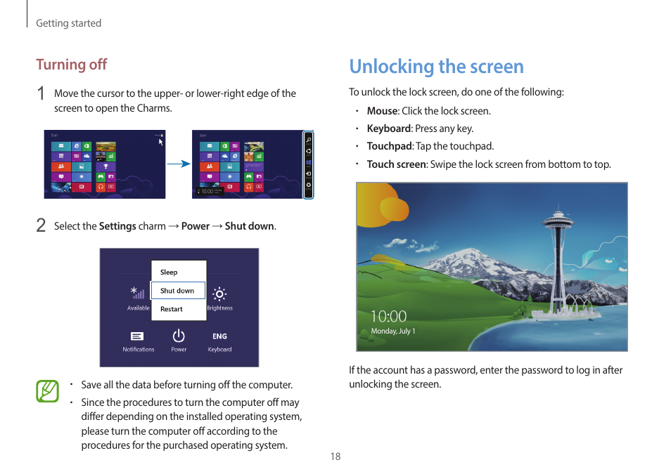 Unlocking the screen, 18 unlocking the screen, Turning off | Samsung NP940X3G-K03US User Manual | Page 18 / 147