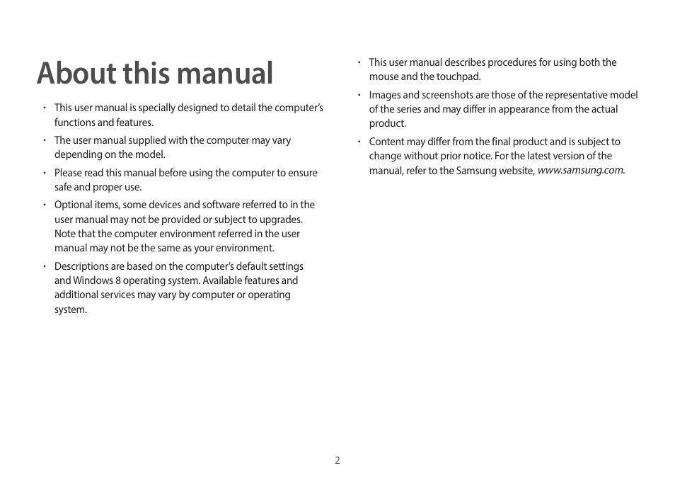 About this manual | Samsung NP940X3G-K03US User Manual | Page 2 / 147
