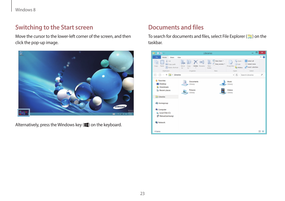 Documents and files, Switching to the start screen | Samsung NP940X3G-K03US User Manual | Page 23 / 147