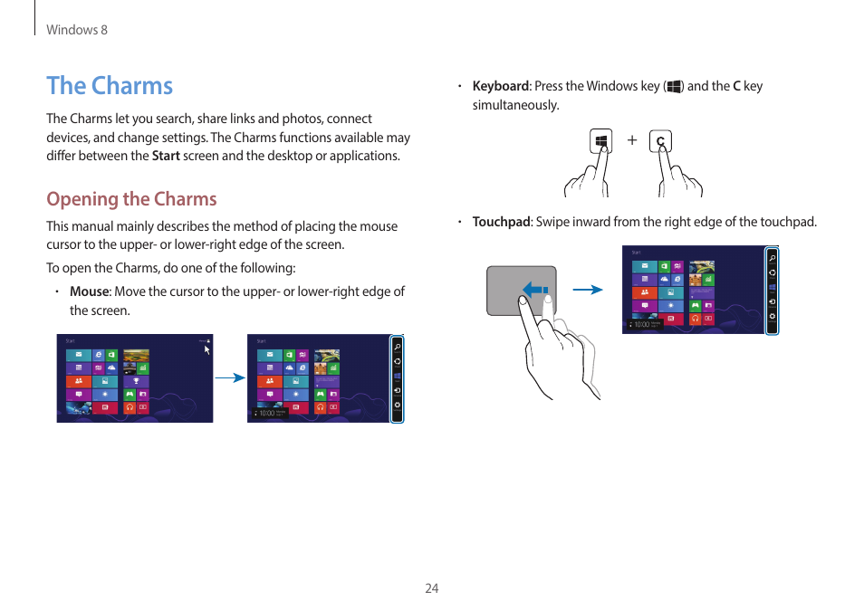 The charms, 24 the, Charms | Opening the charms | Samsung NP940X3G-K03US User Manual | Page 24 / 147