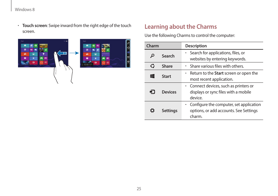 Learning about the charms | Samsung NP940X3G-K03US User Manual | Page 25 / 147