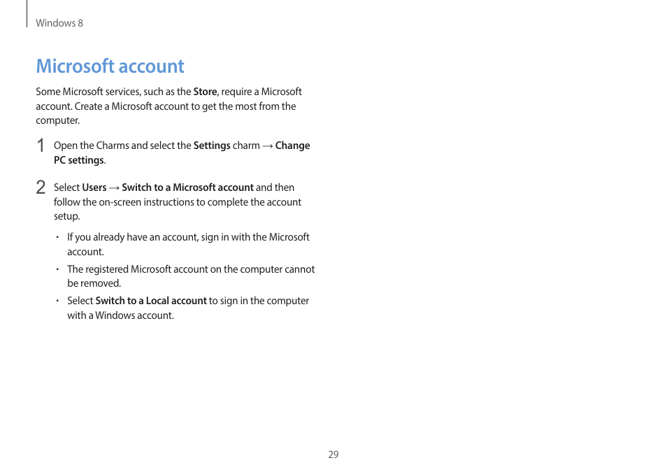 Microsoft account, 29 microsoft account | Samsung NP940X3G-K03US User Manual | Page 29 / 147