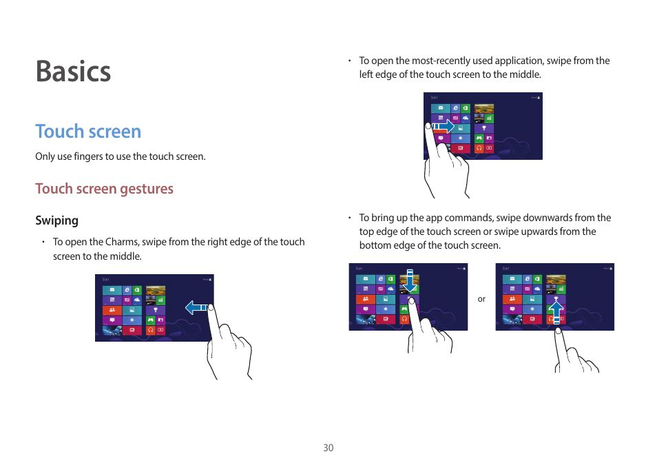 Basics, Touch screen, 30 touch screen | Samsung NP940X3G-K03US User Manual | Page 30 / 147