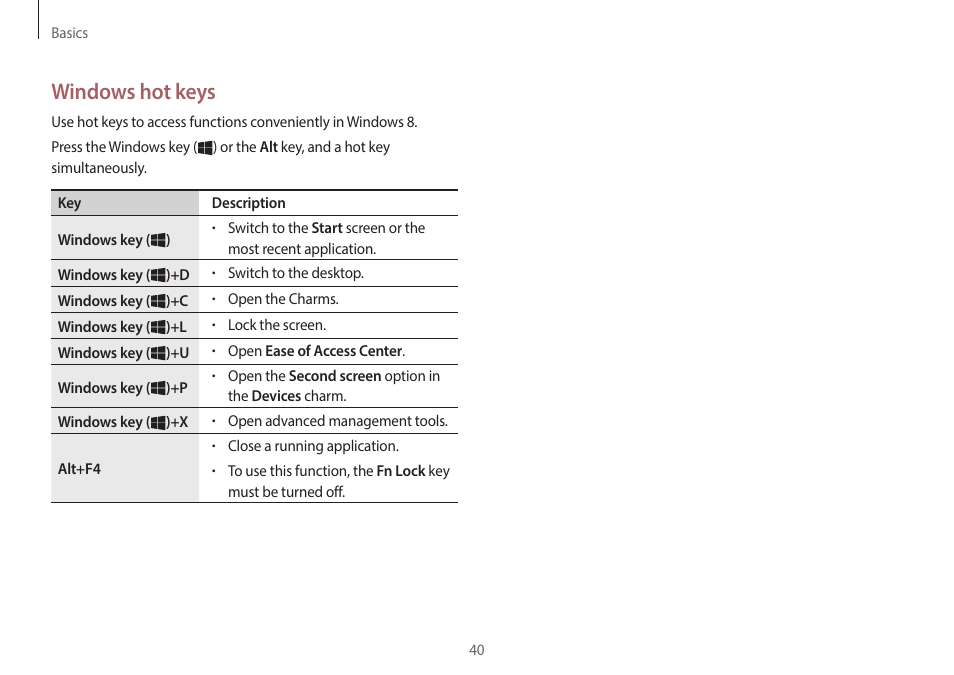 Windows hot keys | Samsung NP940X3G-K03US User Manual | Page 40 / 147