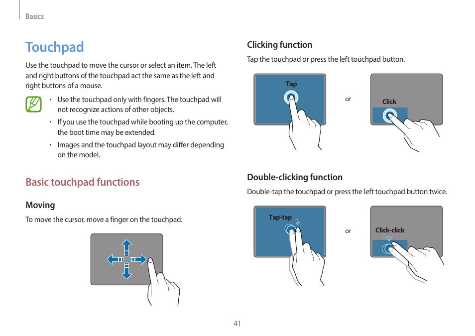 Touchpad, 41 touchpad, Basic touchpad functions | Samsung NP940X3G-K03US User Manual | Page 41 / 147