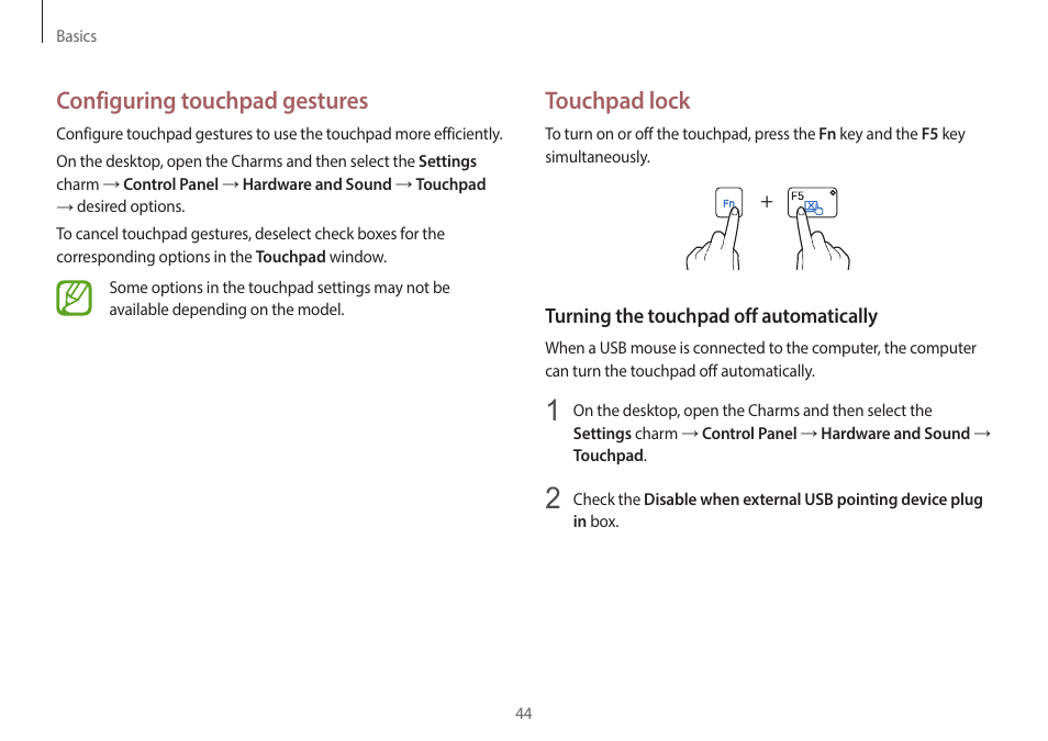Touchpad lock, Configuring touchpad gestures | Samsung NP940X3G-K03US User Manual | Page 44 / 147