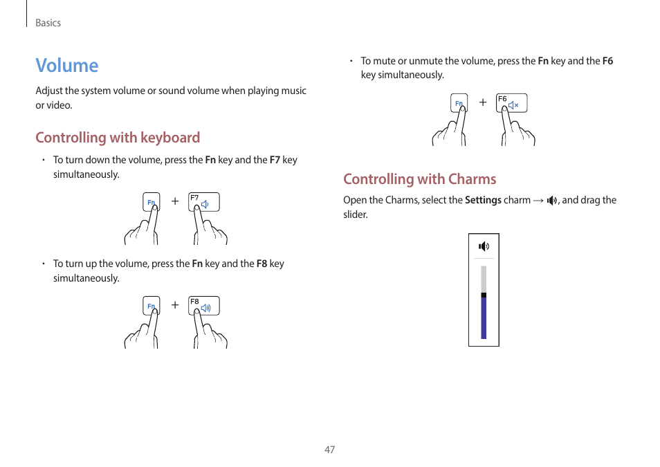 Volume, 47 volume, Controlling with charms | Controlling with keyboard | Samsung NP940X3G-K03US User Manual | Page 47 / 147