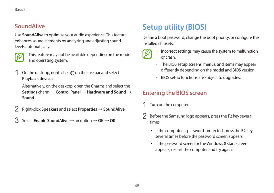 Setup utility (bios), 48 setup utility (bios), Entering the bios screen | Soundalive | Samsung NP940X3G-K03US User Manual | Page 48 / 147