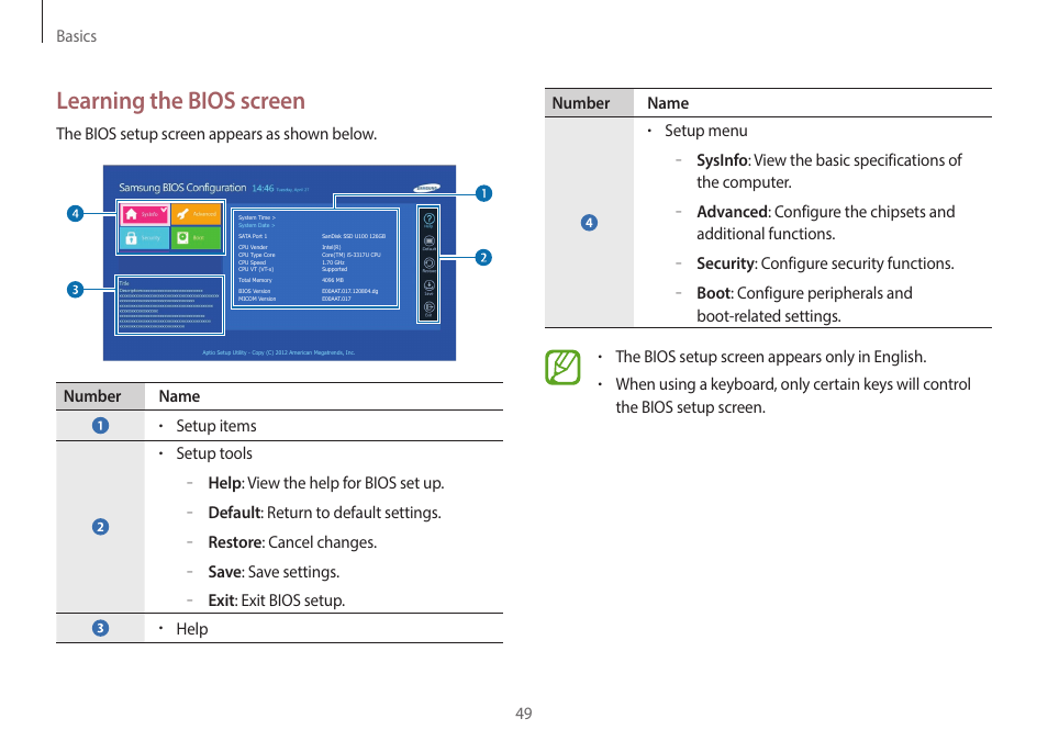 Learning the bios screen | Samsung NP940X3G-K03US User Manual | Page 49 / 147