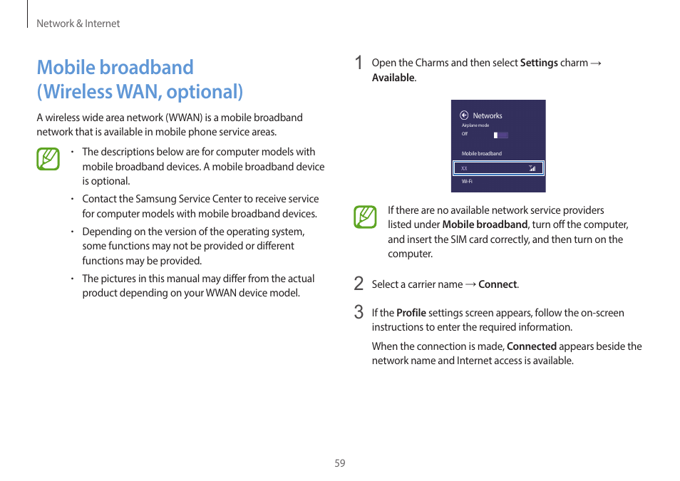 Mobile broadband (wireless wan, optional), 59 mobile broadband, Wireless wan, optional) | Samsung NP940X3G-K03US User Manual | Page 59 / 147