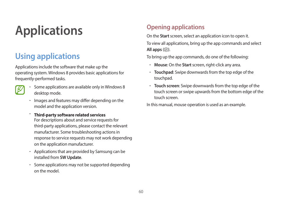 Applications, Using applications, 60 using applications | Opening applications | Samsung NP940X3G-K03US User Manual | Page 60 / 147