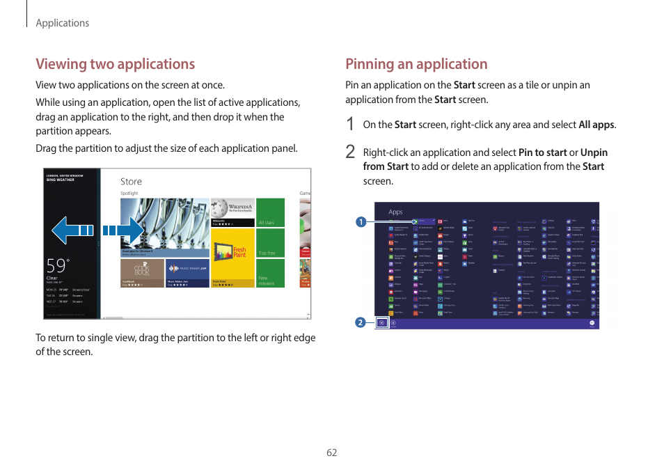 Pinning an application, Viewing two applications | Samsung NP940X3G-K03US User Manual | Page 62 / 147
