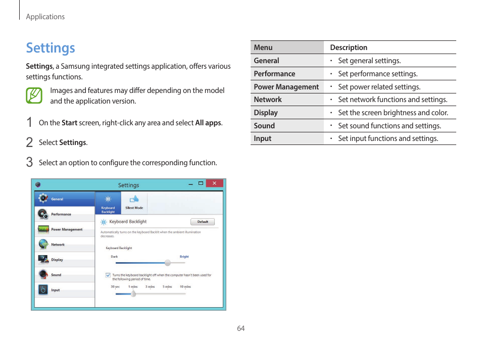 Settings, 64 settings | Samsung NP940X3G-K03US User Manual | Page 64 / 147