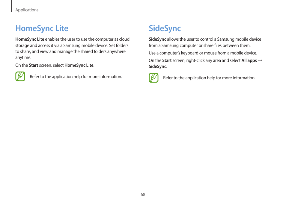 Homesync lite, Sidesync, 68 homesync lite 68 sidesync | Samsung NP940X3G-K03US User Manual | Page 68 / 147