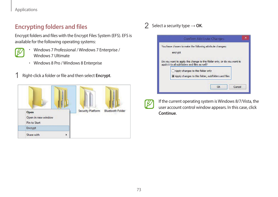 Encrypting folders and files | Samsung NP940X3G-K03US User Manual | Page 73 / 147