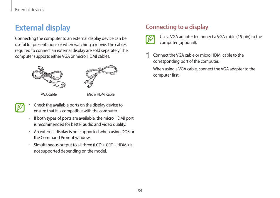 External display, 84 external display, Connecting to a display | Samsung NP940X3G-K03US User Manual | Page 84 / 147
