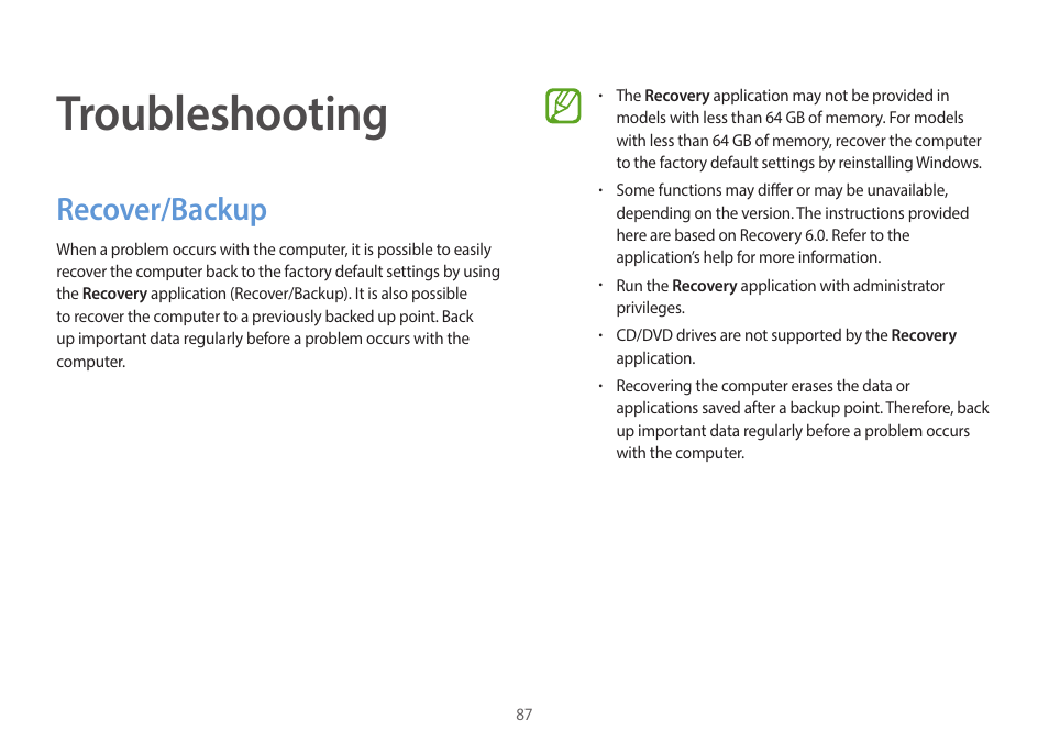 Troubleshooting, Recover/backup, 87 recover/backup | Samsung NP940X3G-K03US User Manual | Page 87 / 147