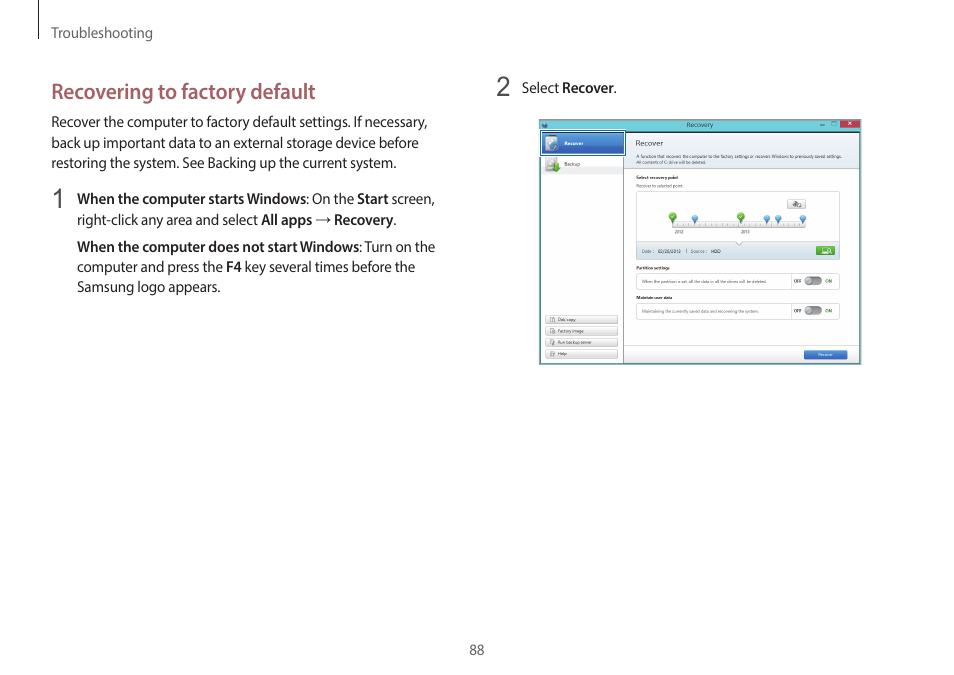 Recovering to factory default | Samsung NP940X3G-K03US User Manual | Page 88 / 147