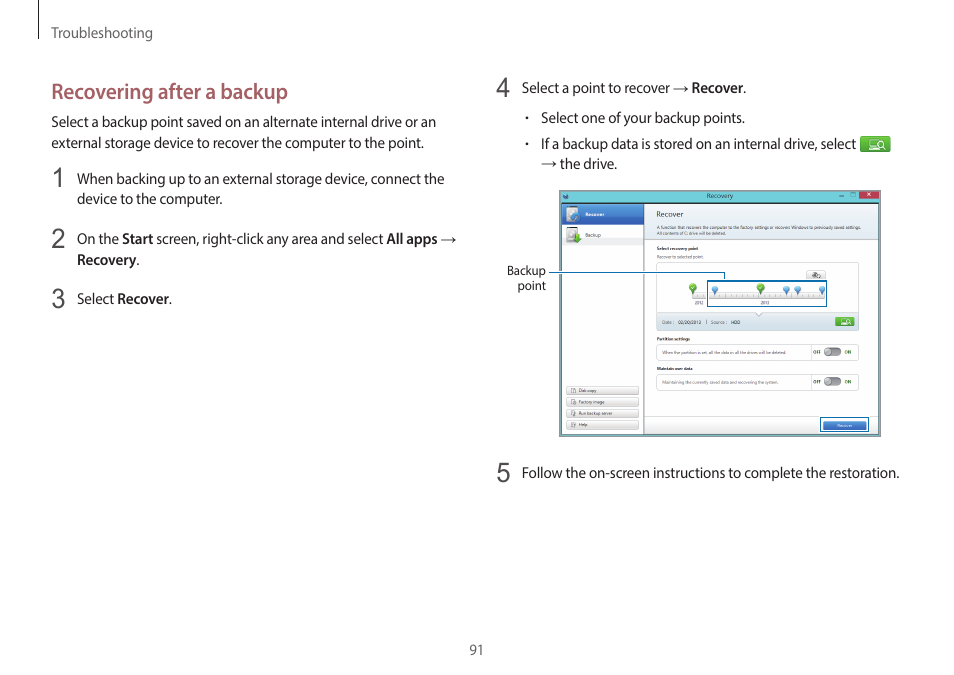 Recovering after a backup | Samsung NP940X3G-K03US User Manual | Page 91 / 147