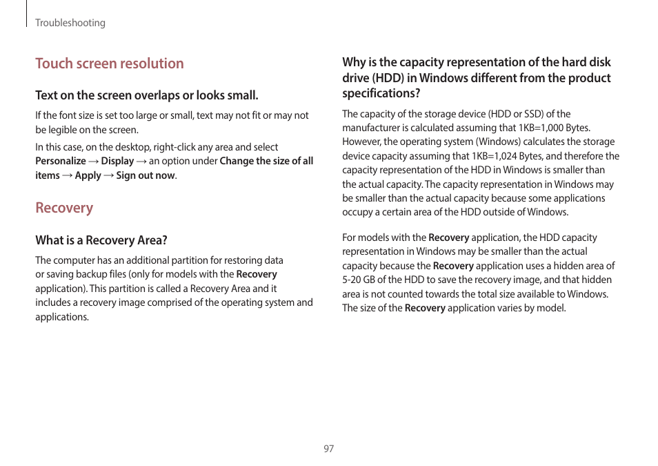 Touch screen resolution, Recovery | Samsung NP940X3G-K03US User Manual | Page 97 / 147
