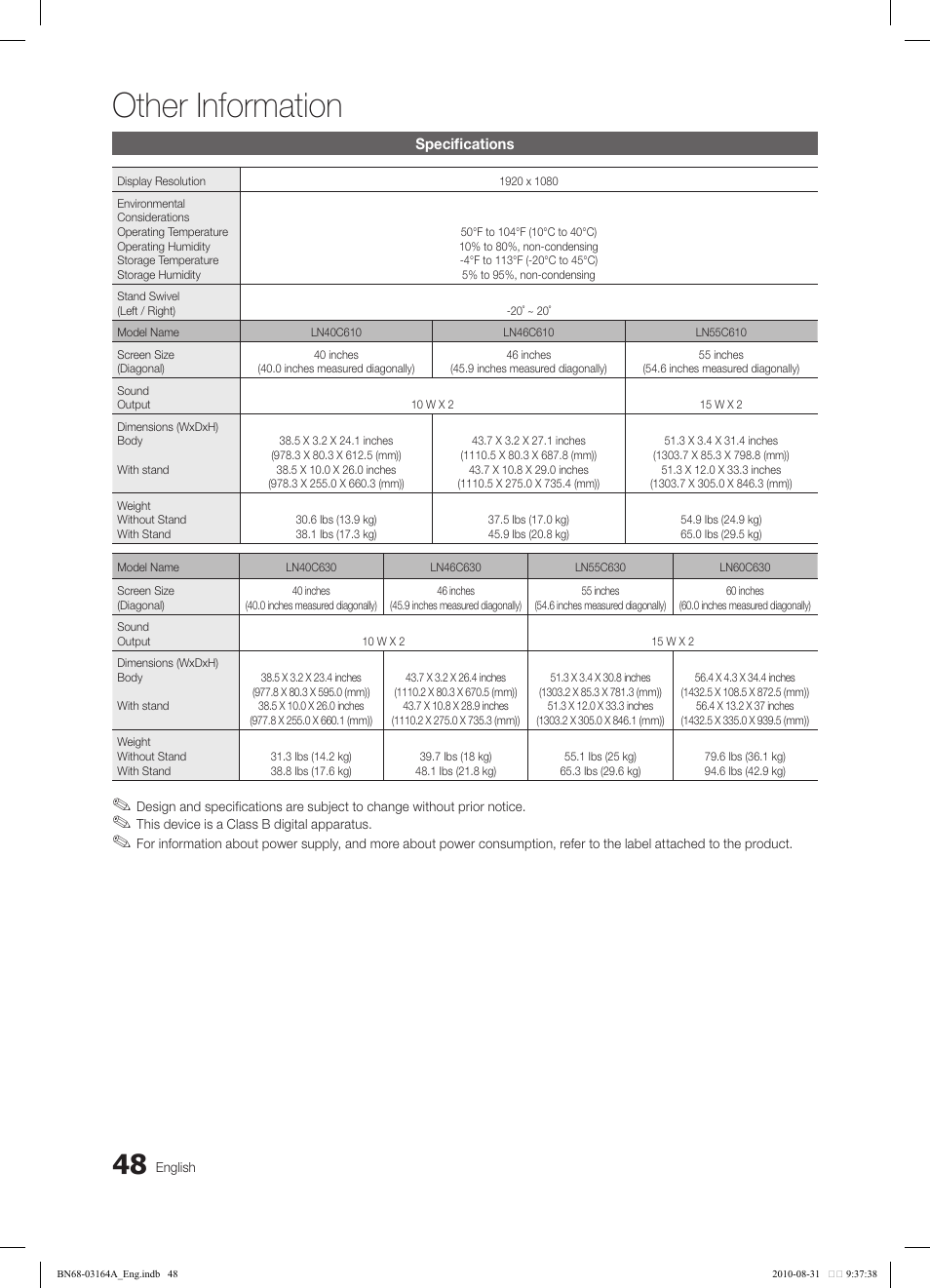 Other information | Samsung LN55C630K1FXZA User Manual | Page 48 / 52