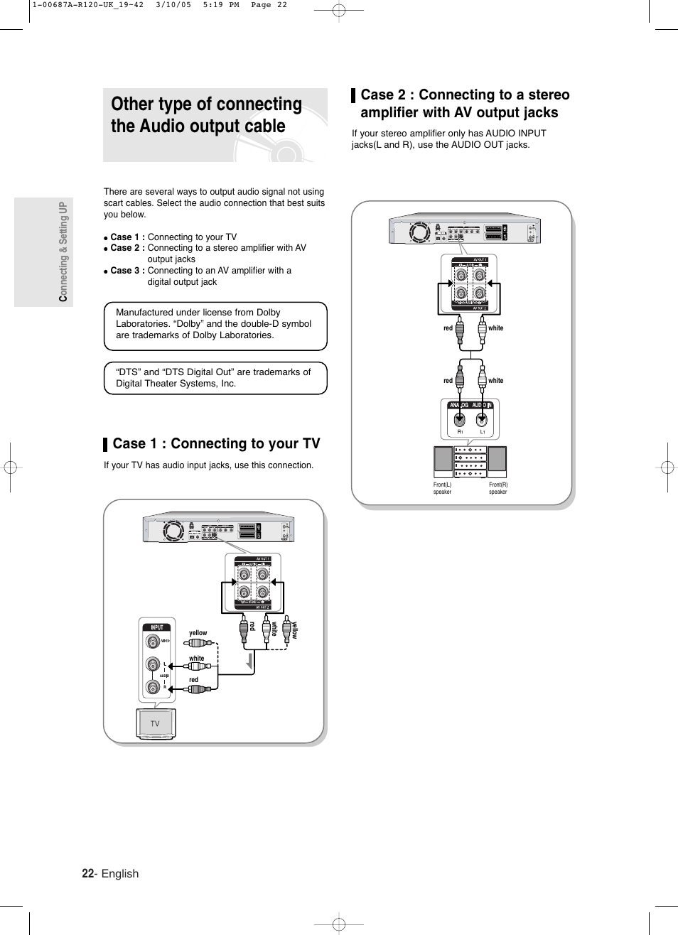 Other type of connecting the audio output cable, Case 1 : connecting to your tv, English | Samsung DVD-R120-XAA User Manual | Page 22 / 95