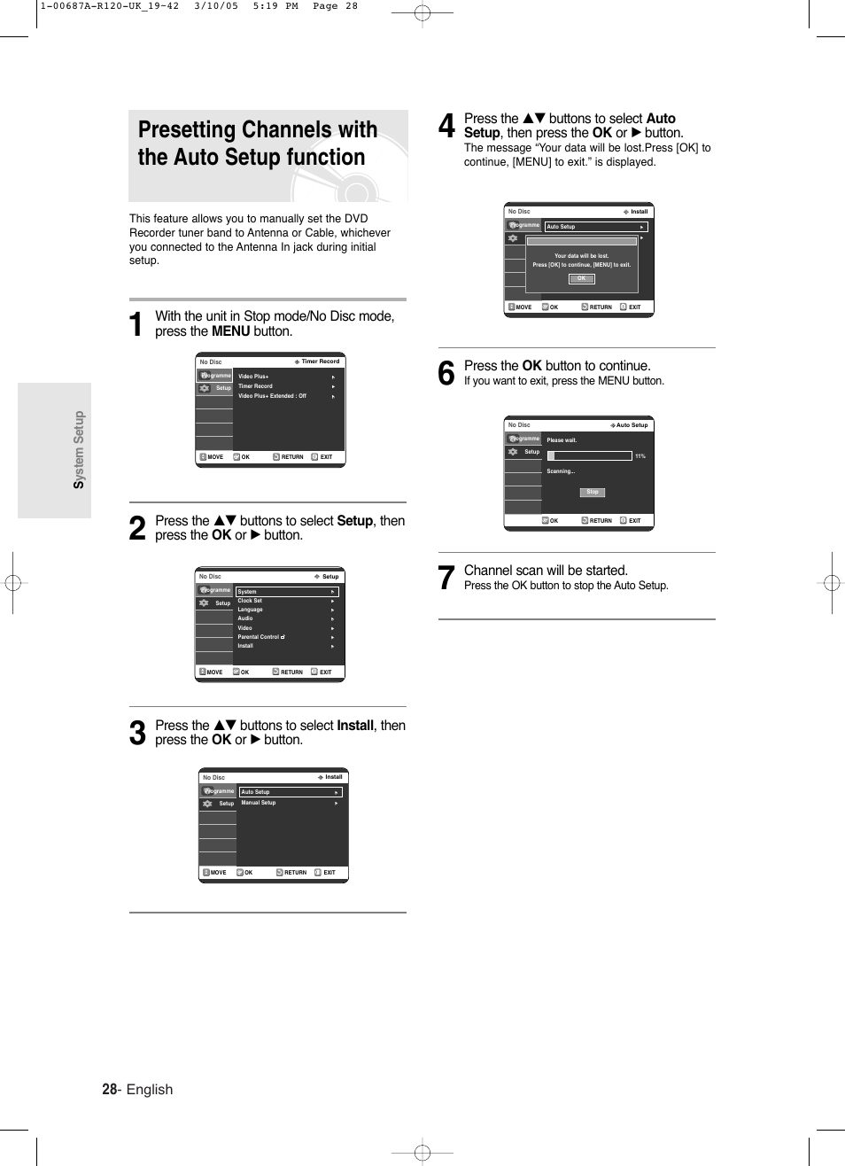 Presetting channels with the auto setup function, English, Press the ok button to continue | Channel scan will be started, System setup, If you want to exit, press the menu button | Samsung DVD-R120-XAA User Manual | Page 28 / 95