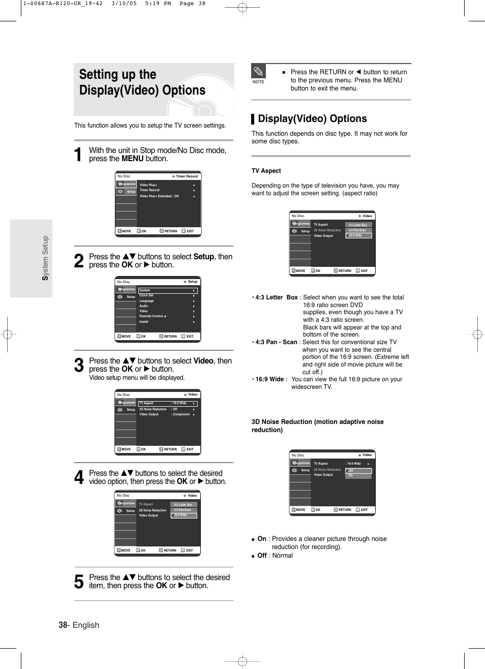 Setting up the display(video) options, Display(video) options, English | System setup, Video setup menu will be displayed, Off : normal | Samsung DVD-R120-XAA User Manual | Page 38 / 95