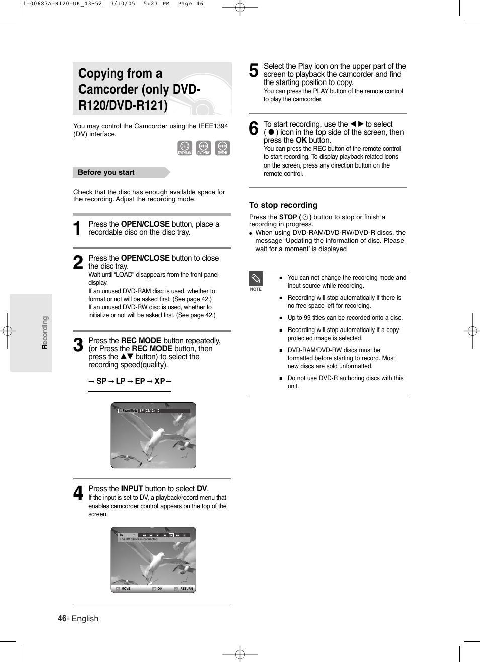Copying from a camcorder (only dvdr120/ dvd-r121) | Samsung DVD-R120-XAA User Manual | Page 46 / 95