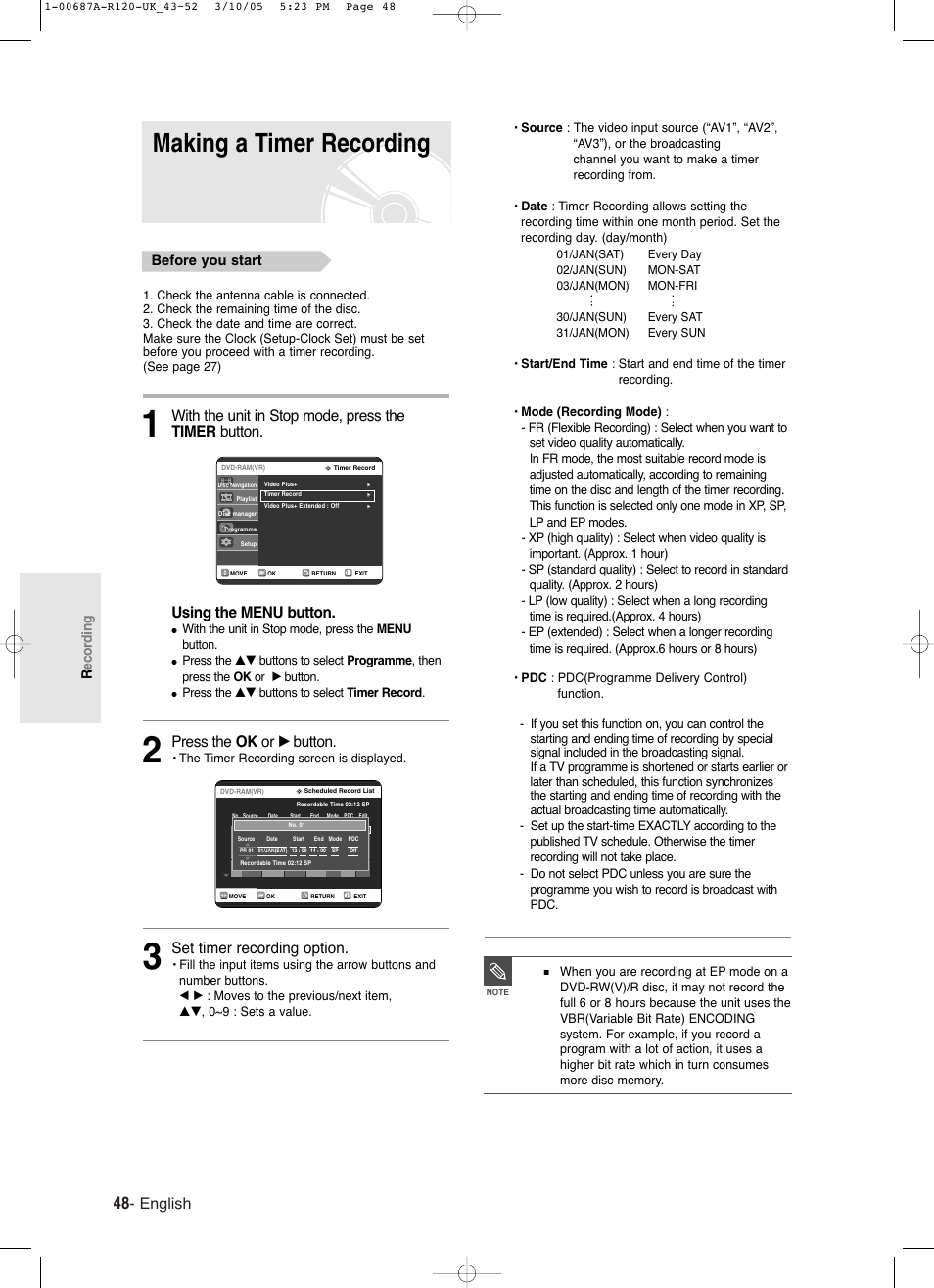 Making a timer recording, English, Press the ok or √ button | Set timer recording option, Before you start, Recording | Samsung DVD-R120-XAA User Manual | Page 48 / 95