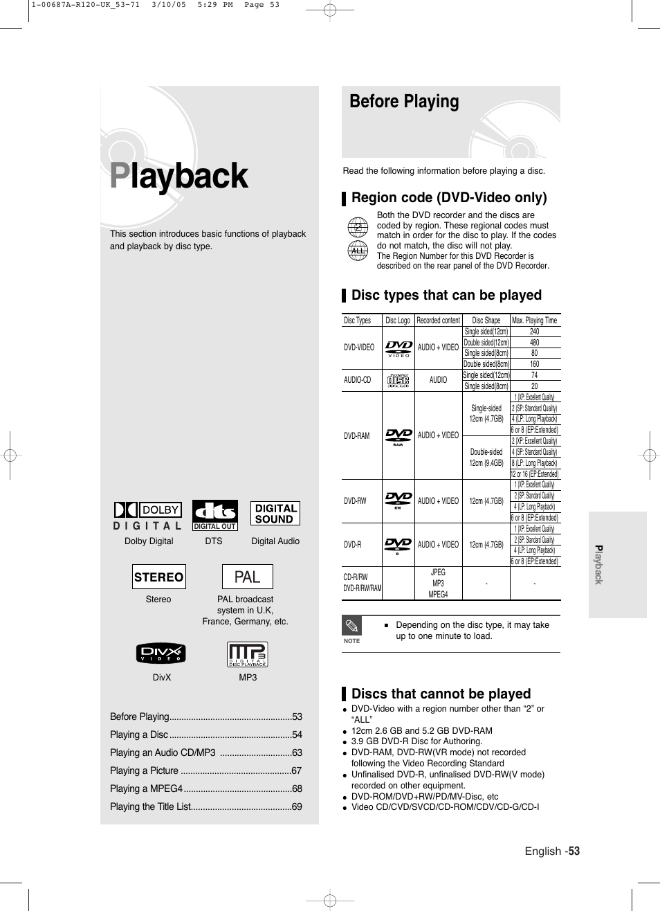 Playback, Before playing, Region code (dvd-video only) | Samsung DVD-R120-XAA User Manual | Page 53 / 95