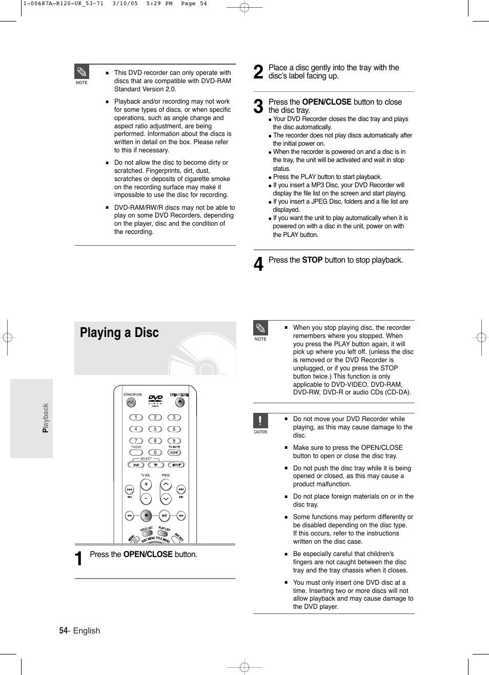 Playing a disc | Samsung DVD-R120-XAA User Manual | Page 54 / 95
