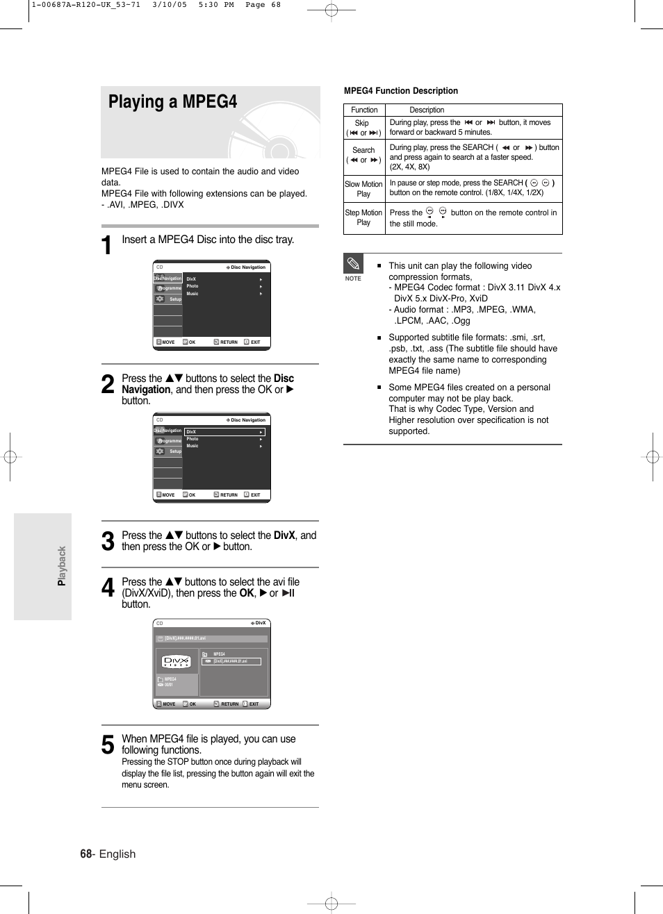 Playing a mpeg4, English, Insert a mpeg4 disc into the disc tray | Playback | Samsung DVD-R120-XAA User Manual | Page 68 / 95