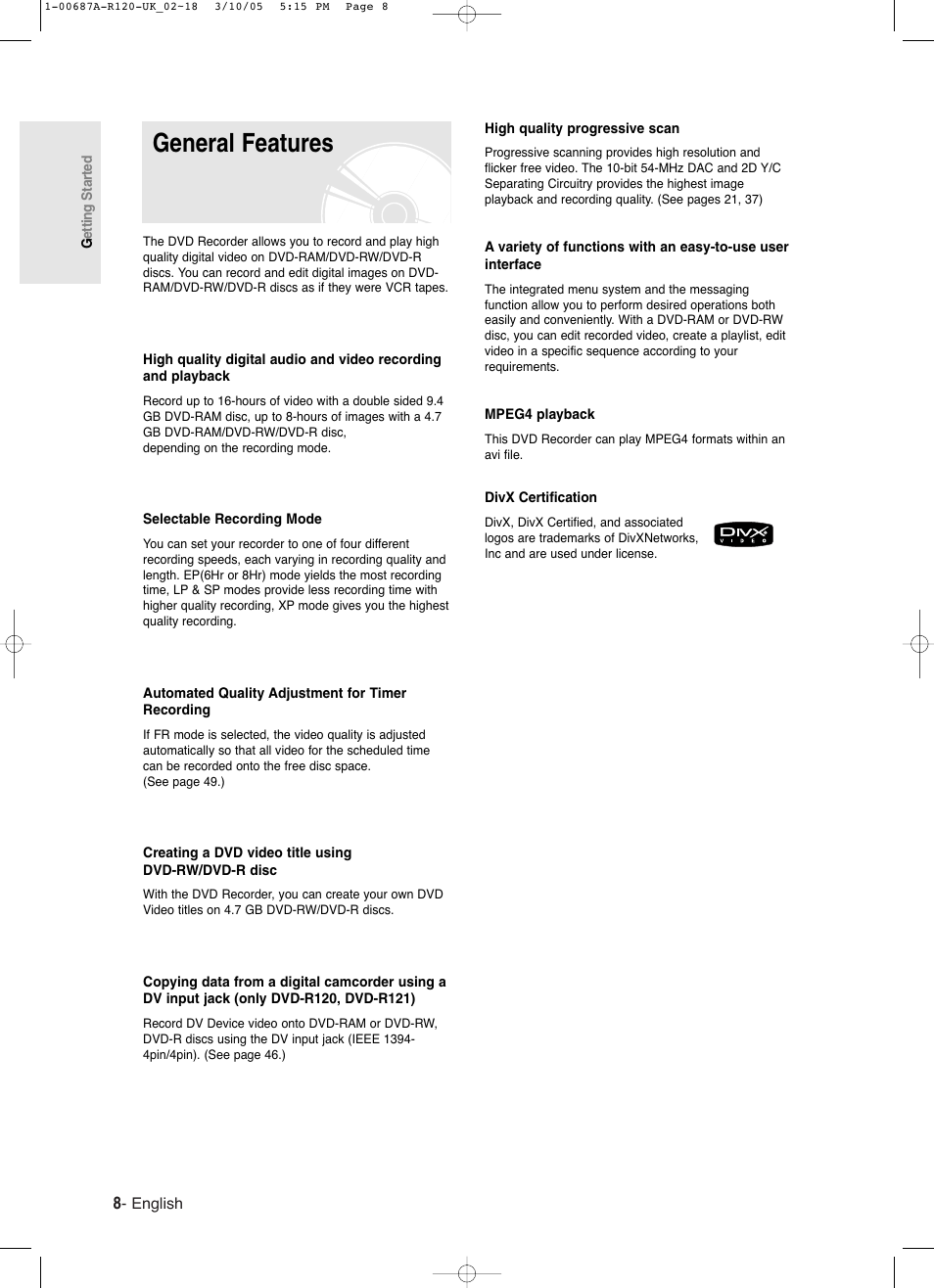 General features | Samsung DVD-R120-XAA User Manual | Page 8 / 95