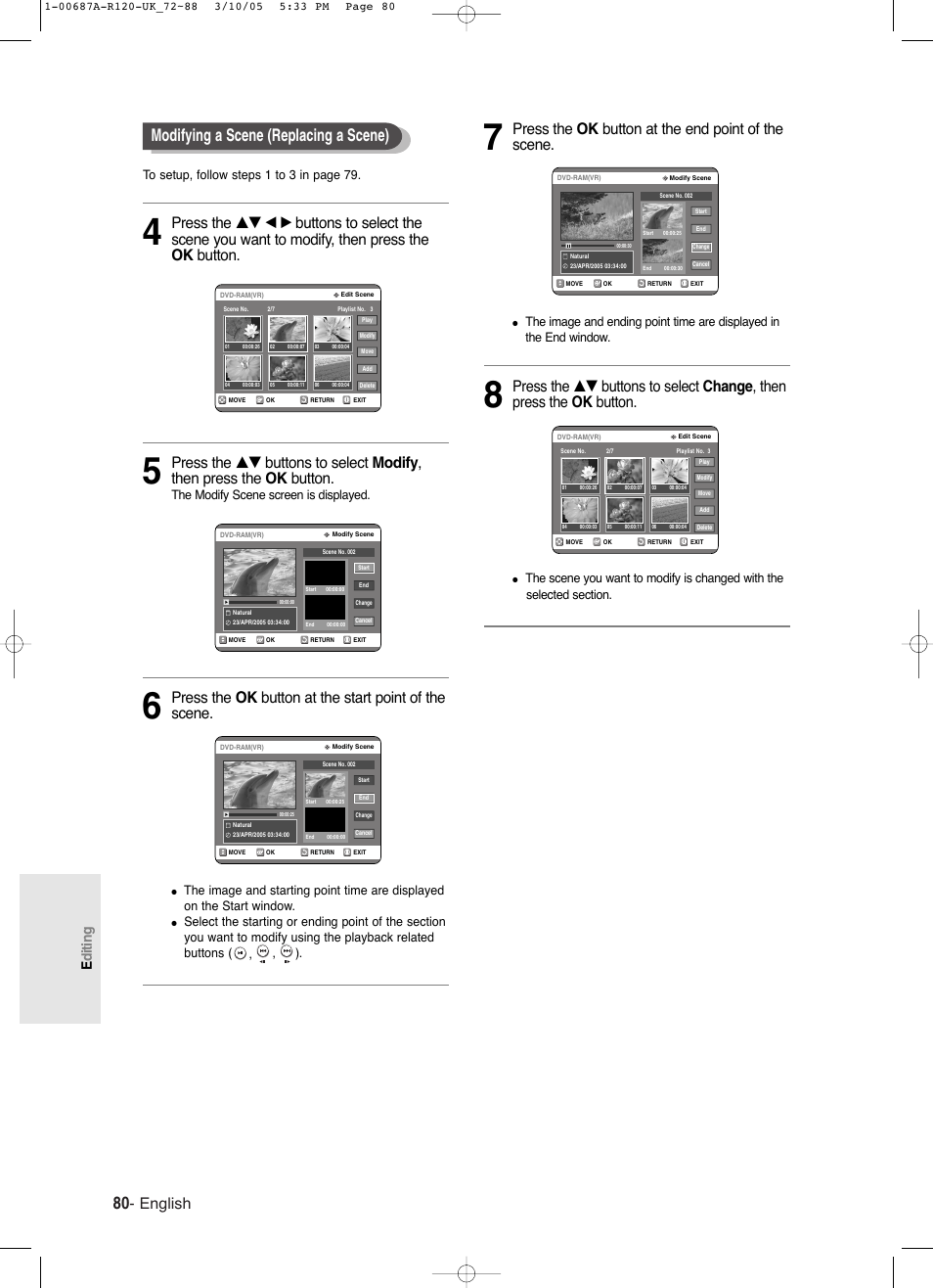Modifying a scene (replacing a scene), English, Press the ok button at the end point of the scene | Editing, The modify scene screen is displayed | Samsung DVD-R120-XAA User Manual | Page 80 / 95
