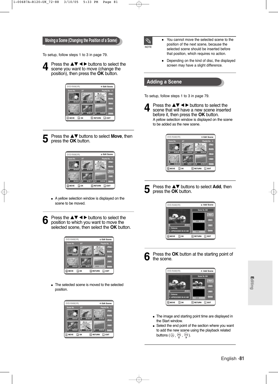 Moving a scene (changing the position of a scene), Adding a scene, English | Editing | Samsung DVD-R120-XAA User Manual | Page 81 / 95