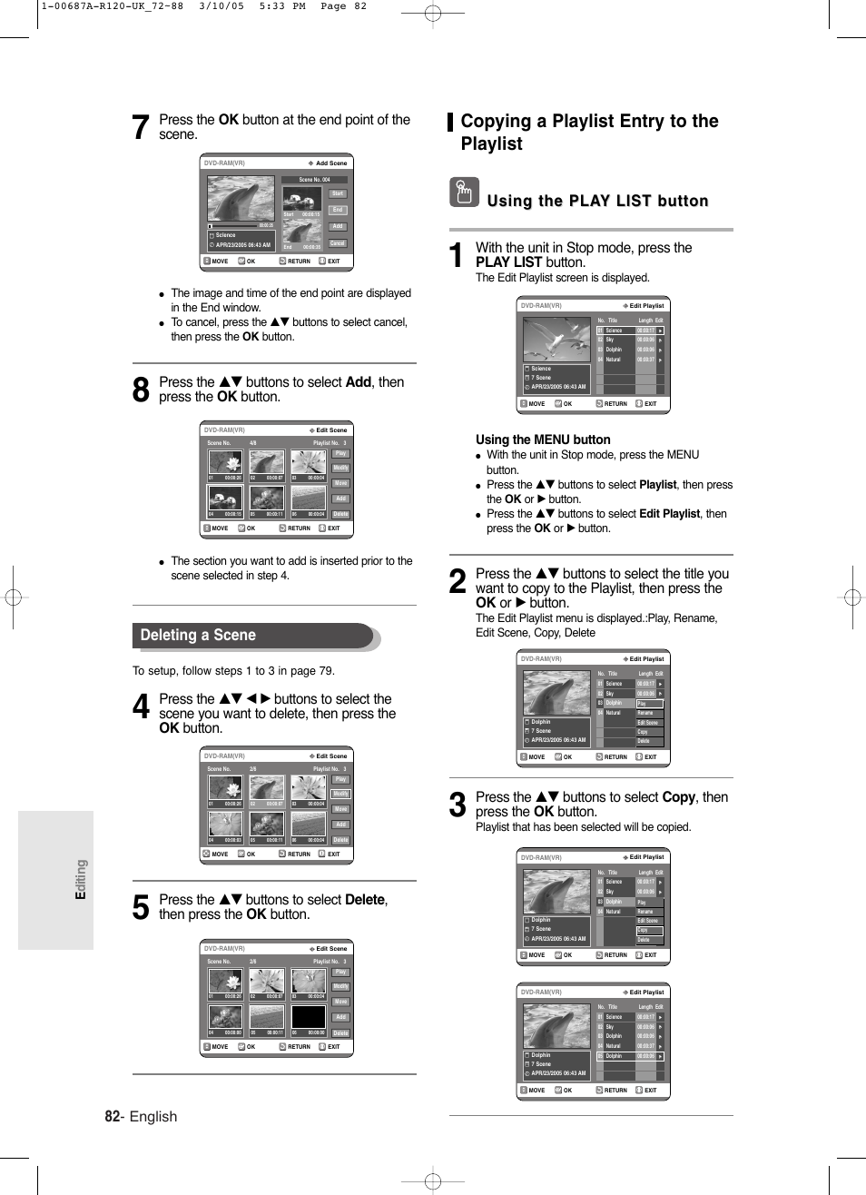 Copying a playlist entry to the playlist, Deleting a scene, Using the pla | Using the pla y y list button list button, English, Press the ok button at the end point of the scene, Editing, Using the menu button, The edit playlist screen is displayed, With the unit in stop mode, press the menu button | Samsung DVD-R120-XAA User Manual | Page 82 / 95