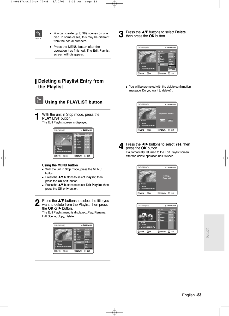 Deleting a playlist entry from the playlist, Using the pla, Using the pla ylist button ylist button | English, Editing, Using the menu button, The edit playlist screen is displayed, With the unit in stop mode, press the menu button | Samsung DVD-R120-XAA User Manual | Page 83 / 95