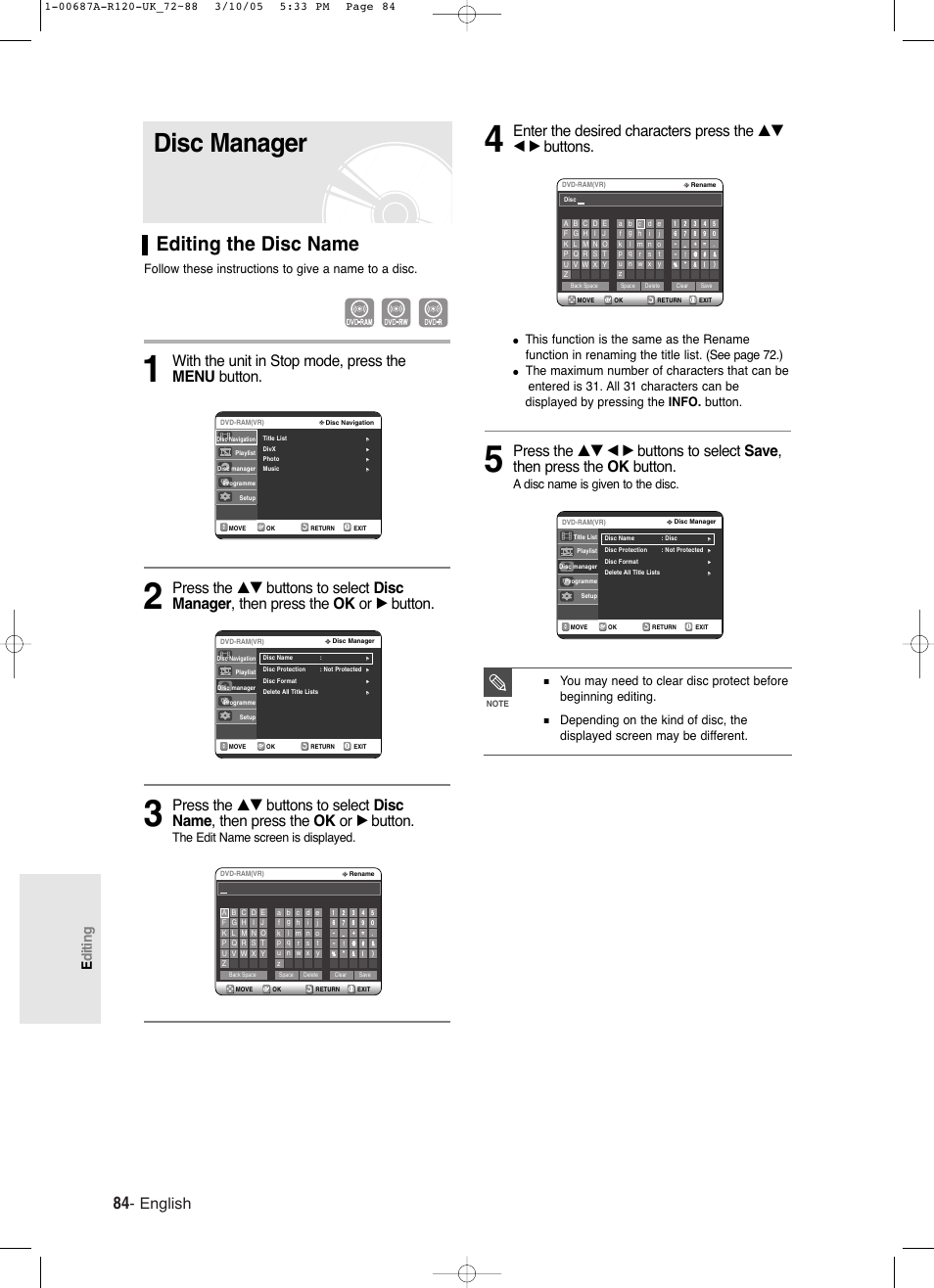 Disc manager, Editing the disc name, English | With the unit in stop mode, press the menu button, Editing, A disc name is given to the disc, Follow these instructions to give a name to a disc, The edit name screen is displayed | Samsung DVD-R120-XAA User Manual | Page 84 / 95