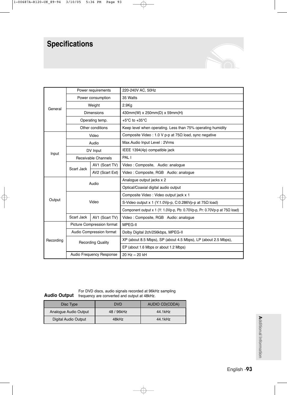 Specifications | Samsung DVD-R120-XAA User Manual | Page 93 / 95