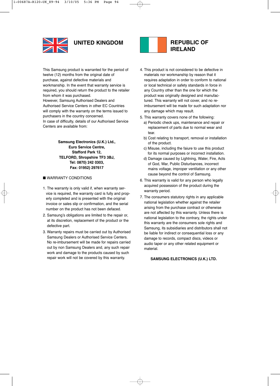 United kingdom republic of ireland | Samsung DVD-R120-XAA User Manual | Page 94 / 95