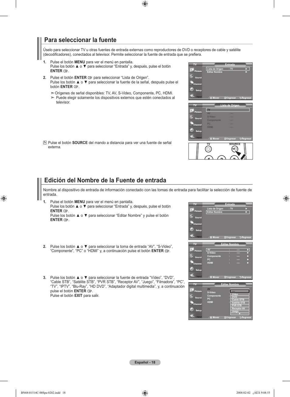Para seleccionar la fuente, Edición del nombre de la fuente de entrada | Samsung LN19A331J1DXZA User Manual | Page 80 / 121
