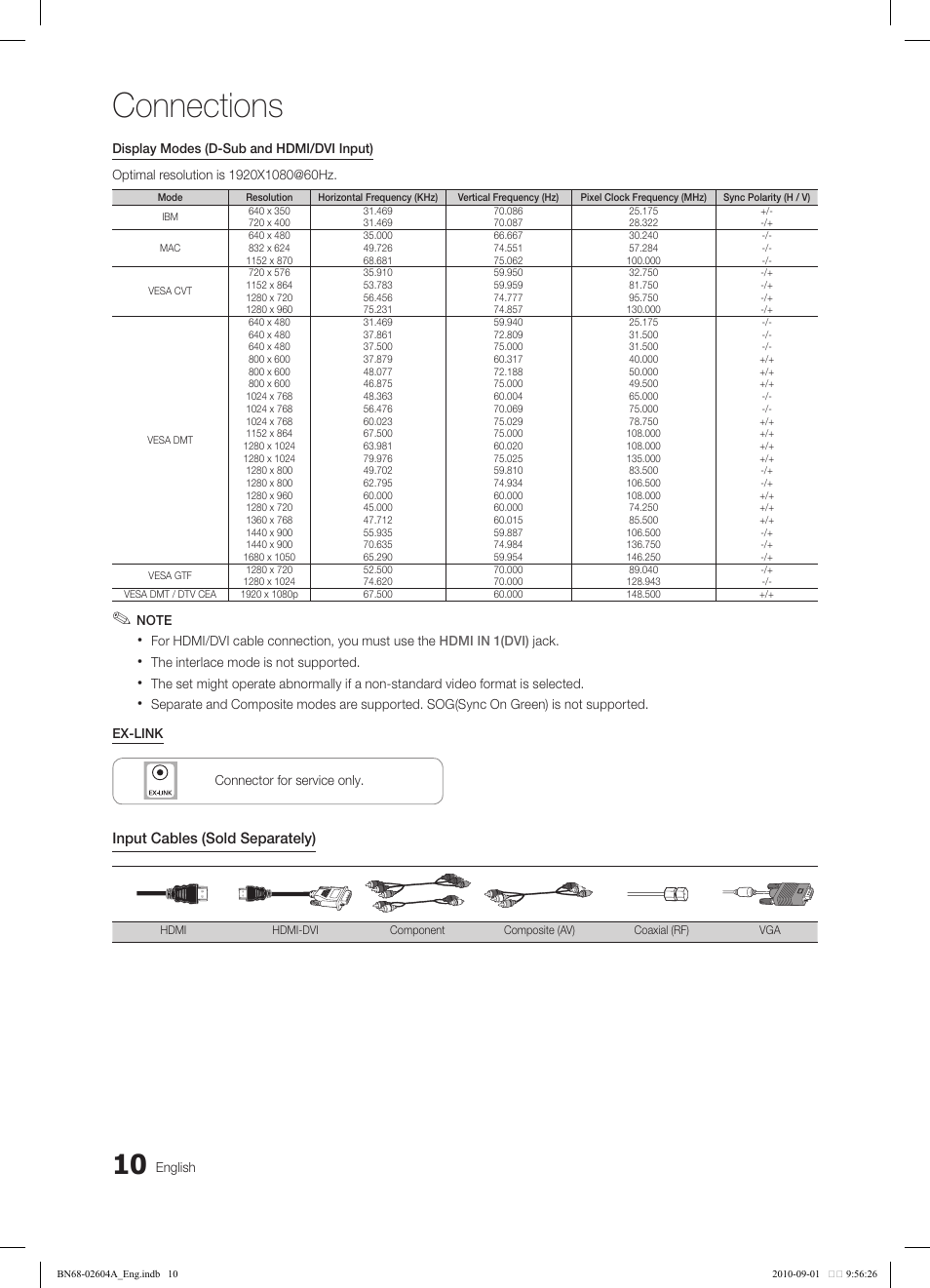 Connections, Input cables (sold separately) | Samsung LN46C550J1FXZA User Manual | Page 10 / 50